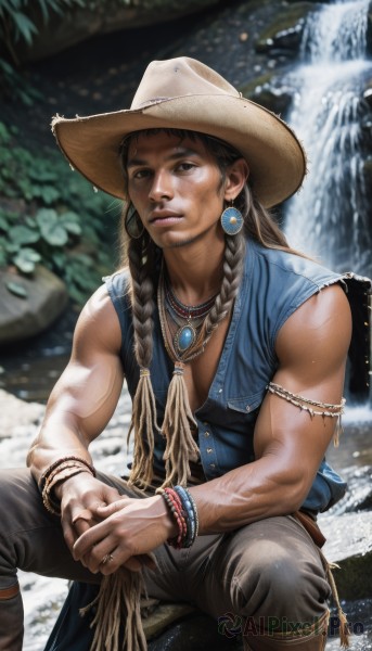 1girl,solo,long hair,brown hair,shirt,black hair,1boy,hat,brown eyes,jewelry,sitting,closed mouth,braid,male focus,earrings,boots,outdoors,open clothes,sleeveless,day,pants,signature,water,necklace,blurry,vest,twin braids,bracelet,lips,muscular,depth of field,blurry background,feet out of frame,looking away,ring,own hands together,blue shirt,hair over shoulder,armlet,freckles,veins,rock,realistic,nose,brown headwear,blue vest,grey pants,river,open vest,cowboy hat,waterfall,looking at viewer,dark skin,mole,tattoo,beads,dreadlocks