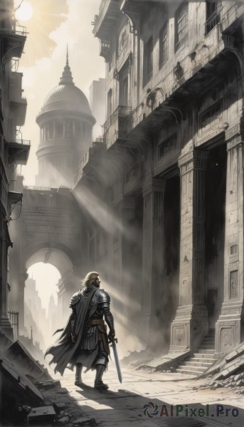 solo,blonde hair,gloves,1boy,holding,standing,weapon,male focus,boots,outdoors,sky,sword,from behind,cape,holding weapon,armor,torn clothes,holding sword,sunlight,shoulder armor,gauntlets,building,scenery,pauldrons,light rays,city,sun,facing away,sunbeam,ruins,knight,torn cape,arch,rubble,full body,day,cloud,shadow,helmet,sheath,walking,shield,stairs,arms at sides,vambraces,greaves,wide shot,pillar,full armor,tower,ambiguous gender,helm