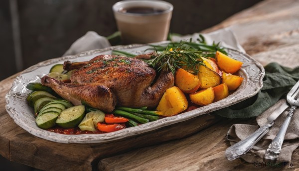 food,blurry,cup,no humans,fruit,depth of field,blurry background,table,knife,plate,bowl,realistic,spoon,fork,carrot,meat,spring onion,food focus,vegetable,still life,cucumber,wooden table,onion,steam,lemon