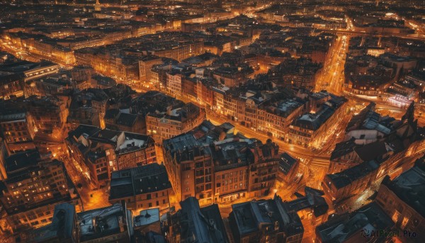 outdoors,no humans,window,night,from above,building,scenery,science fiction,city,cityscape,architecture,skyscraper,rooftop,city lights,orange theme,fire,ground vehicle,motor vehicle,car,road