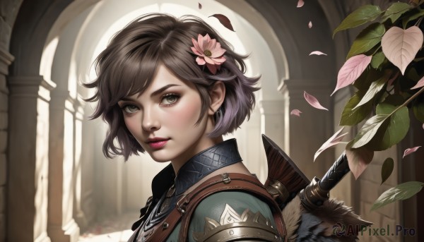 1girl,solo,looking at viewer,short hair,bangs,brown hair,hair ornament,brown eyes,green eyes,upper body,weapon,flower,parted lips,sword,indoors,hair flower,armor,from side,lips,looking to the side,grey eyes,fur trim,petals,eyelashes,window,makeup,swept bangs,leaf,lipstick,shoulder armor,portrait,pauldrons,pink lips,realistic,nose,fantasy,red lips,strap,weapon on back,blush,pink flower,pillar