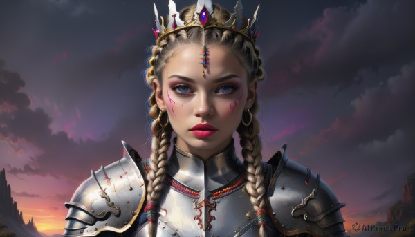 1girl,solo,long hair,looking at viewer,blue eyes,blonde hair,jewelry,upper body,braid,earrings,outdoors,sky,artist name,cloud,necklace,armor,twin braids,lips,makeup,facial mark,cloudy sky,crown,lipstick,shoulder armor,gem,portrait,forehead,pauldrons,sunset,breastplate,red lips,parted lips,hair over shoulder,eyeshadow,realistic,nose,facepaint