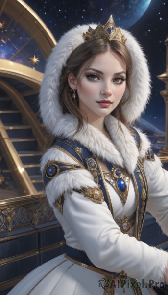 1girl,solo,long hair,looking at viewer,brown hair,long sleeves,dress,brown eyes,jewelry,upper body,earrings,parted lips,sky,hood,star (symbol),white dress,lips,coat,fur trim,makeup,night,moon,tiara,crown,lipstick,gem,star (sky),night sky,starry sky,gold trim,nose,white coat,red lips,space,fur-trimmed sleeves,fur-trimmed coat,planet,blush,bangs,parted bangs,hood up,realistic,blue gemstone