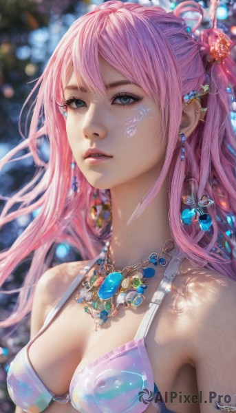 1girl,solo,long hair,breasts,looking at viewer,bangs,blue eyes,hair ornament,cleavage,bare shoulders,jewelry,medium breasts,swimsuit,upper body,pink hair,bikini,earrings,parted lips,necklace,blurry,lips,eyelashes,tattoo,depth of field,blurry background,one side up,facial mark,piercing,gem,bikini top only,armlet,realistic,nose,hair between eyes,small breasts,artist name,covered nipples,grey eyes,watermark,pink lips