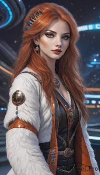 1girl,solo,long hair,breasts,looking at viewer,brown hair,hair ornament,cleavage,brown eyes,jewelry,medium breasts,upper body,earrings,open clothes,belt,necklace,orange hair,mole,lips,coat,fur trim,mole under eye,makeup,lipstick,gem,freckles,realistic,white coat,red lips,fur coat,closed mouth,jacket,red hair