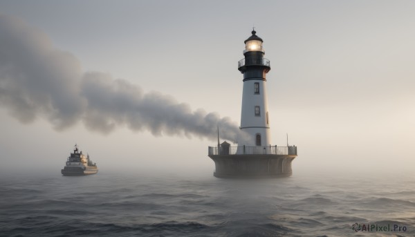 outdoors,sky,cloud,water,military,no humans,ocean,scenery,smoke,turret,cannon,military vehicle,watercraft,vehicle focus,ship,waves,smokestack,world war ii,warship,battleship,grey background,tower,boat,fog