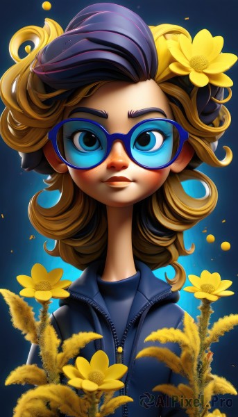 1girl,solo,long hair,looking at viewer,blue eyes,blonde hair,brown hair,hair ornament,hat,jacket,upper body,flower,multicolored hair,parted lips,glasses,hair flower,two-tone hair,lips,petals,eyelashes,makeup,blue background,lipstick,zipper,freckles,curly hair,yellow flower,unzipped,short hair,shirt,purple hair,artist name,watermark,nose,blue-framed eyewear