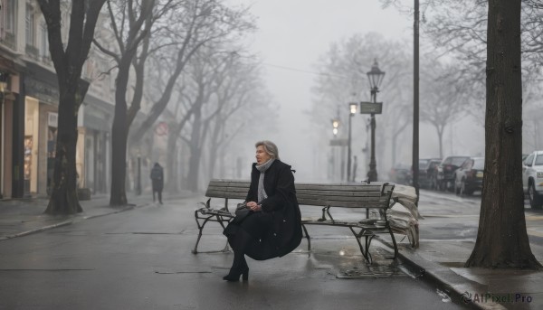 1girl,solo,short hair,brown hair,long sleeves,1boy,sitting,jacket,male focus,boots,outdoors,multiple boys,solo focus,scarf,black footwear,high heels,tree,coat,facial hair,own hands together,ground vehicle,building,scenery,motor vehicle,snow,black coat,snowing,sign,winter clothes,car,road,bench,old,winter,lamppost,bare tree,street,grey sky,park bench,park,sidewalk,long hair,dress,black dress,white scarf,wide shot,bus