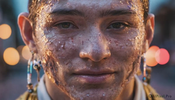 solo,looking at viewer,short hair,brown hair,black hair,1boy,brown eyes,jewelry,closed mouth,braid,male focus,earrings,water,blurry,lips,wet,depth of field,blurry background,portrait,close-up,realistic,nose,smile,black eyes,facial hair,lens flare,freckles,bokeh,gold