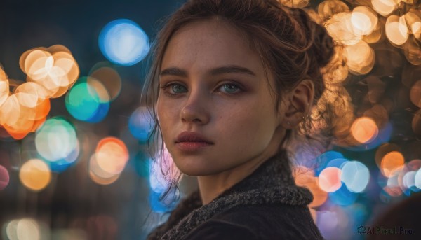 1girl, solo, looking at viewer, short hair, brown hair, jewelry, closed mouth, green eyes, earrings, blurry, lips, depth of field, blurry background, portrait, freckles, realistic, nose, bokeh