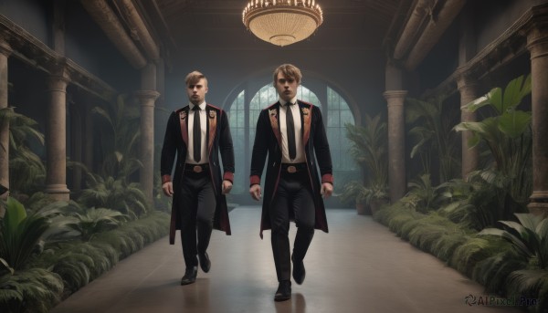 short hair,blonde hair,brown hair,shirt,long sleeves,jacket,full body,white shirt,male focus,multiple boys,necktie,shoes,belt,pants,indoors,2boys,black footwear,uniform,black jacket,window,facial hair,siblings,black pants,formal,plant,black necktie,reflection,walking,mustache,pillar,arch,chandelier,column,looking at viewer,black hair,closed mouth,standing,open clothes,collared shirt,looking at another,open jacket,coat,suit,grass,clenched hands,open coat,black coat,arms at sides,bush,brothers,hair slicked back