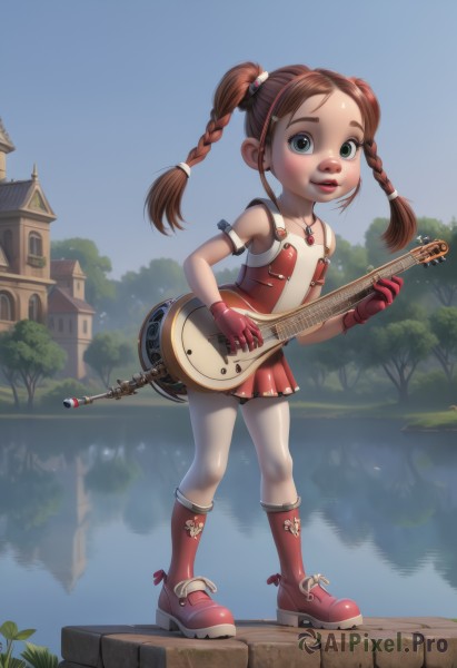 1girl,solo,long hair,looking at viewer,smile,blue eyes,brown hair,gloves,dress,twintails,jewelry,full body,braid,boots,outdoors,water,necklace,twin braids,flat chest,tree,red footwear,instrument,child,red gloves,freckles,guitar,female child,playing instrument,blush,skirt,green eyes,standing,parted lips,shoes,socks,vest,lips,loli,armband,mary janes,pigeon-toed,electric guitar