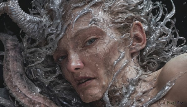 solo,looking at viewer,simple background,1boy,white hair,grey hair,male focus,parted lips,horns,water,black eyes,lips,wet,grey eyes,black background,portrait,tentacles,freckles,veins,realistic,teeth