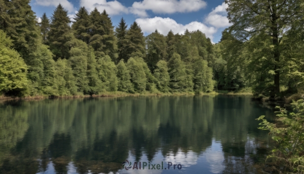 outdoors,sky,day,cloud,water,tree,blue sky,no humans,cloudy sky,grass,nature,scenery,forest,reflection,river,lake,reflective water,mountain,landscape