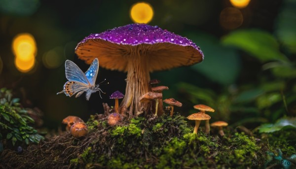 outdoors,wings,blurry,tree,no humans,depth of field,blurry background,leaf,grass,bug,plant,nature,scenery,forest,fantasy,mushroom,moss,signature,night,moon,butterfly,realistic,bokeh