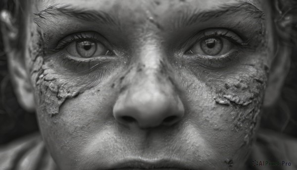 solo,looking at viewer,1boy,monochrome,greyscale,male focus,teeth,eyelashes,facial hair,scar,portrait,close-up,realistic,stitches,eye focus,1girl,blurry,lips,scar on face,freckles