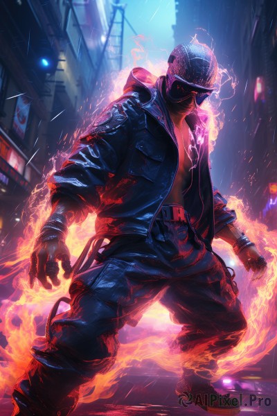 solo,looking at viewer,gloves,1boy,standing,jacket,male focus,outdoors,open clothes,shoes,black gloves,belt,pants,hood,fingerless gloves,open jacket,black jacket,night,glowing,sunglasses,fire,building,rain,city,shirt,jewelry,full body,bracelet,mask,black pants,ring,hood down,helmet,blue jacket,hooded jacket,mouth mask,flame,neon lights