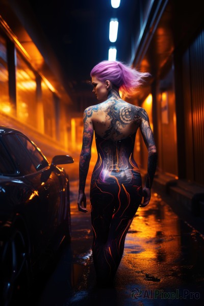 1girl,solo,short hair,jewelry,standing,closed eyes,pink hair,purple hair,ass,earrings,looking back,from behind,bodysuit,tattoo,makeup,back,piercing,ground vehicle,ear piercing,motor vehicle,reflection,science fiction,cigarette,smoking,car,arm tattoo,cyberpunk,back tattoo,full-body tattoo,nude,pants,blurry,lips,depth of field,glowing,backlighting,walking,asymmetrical hair,nose,stud earrings,very short hair,undercut,narrow waist,neon lights