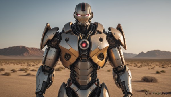 solo,looking at viewer,red eyes,upper body,outdoors,pink eyes,no humans,glowing,robot,mecha,glowing eyes,science fiction,mountain,straight-on,mountainous horizon,desert,humanoid robot,1boy,realistic