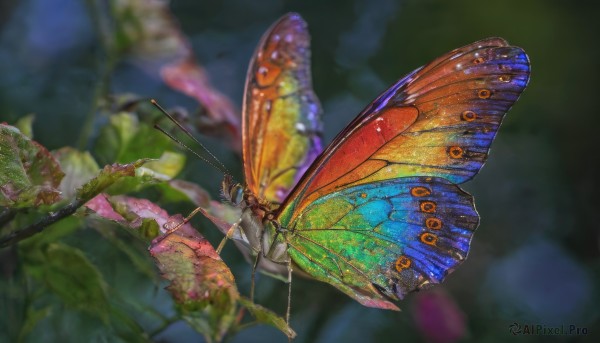 solo,outdoors,wings,blurry,no humans,depth of field,blurry background,animal,leaf,bug,plant,butterfly,nature,scenery,flying,antennae,butterfly wings,insect wings,realistic,moss