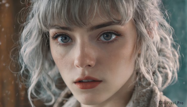 1girl,solo,looking at viewer,short hair,bangs,white hair,parted lips,teeth,blurry,lips,grey eyes,eyelashes,depth of field,blurry background,wavy hair,portrait,snow,close-up,snowing,realistic,nose,red lips,brown eyes,grey hair,messy hair