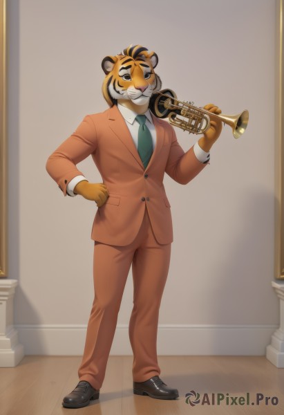 solo,looking at viewer,smile,shirt,long sleeves,1boy,holding,animal ears,standing,jacket,full body,white shirt,male focus,necktie,shoes,teeth,collared shirt,pants,artist name,indoors,hand up,black footwear,black eyes,hand on hip,mask,formal,suit,instrument,furry,brown jacket,blue necktie,music,furry male,tiger ears,brown pants,playing instrument,holding instrument,green necktie,aqua necktie,trumpet,orange pants,short hair,black hair,gloves,closed mouth,closed eyes,vest,buttons,shadow,red jacket,pocket,wooden floor,breast pocket,body fur,white fur,yellow gloves,tiger,orange jacket,suit jacket,orange gloves,tiger boy,orange fur,tiger stripes