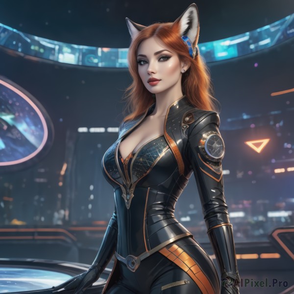 1girl,solo,long hair,breasts,looking at viewer,large breasts,brown hair,hair ornament,gloves,animal ears,cleavage,brown eyes,jewelry,medium breasts,collarbone,cowboy shot,earrings,black gloves,artist name,cat ears,orange hair,blurry,lips,fox ears,bodysuit,makeup,night,blurry background,ground vehicle,motor vehicle,black bodysuit,red lips,car,holding,standing,weapon,red hair,grey eyes,lipstick,skin tight,realistic