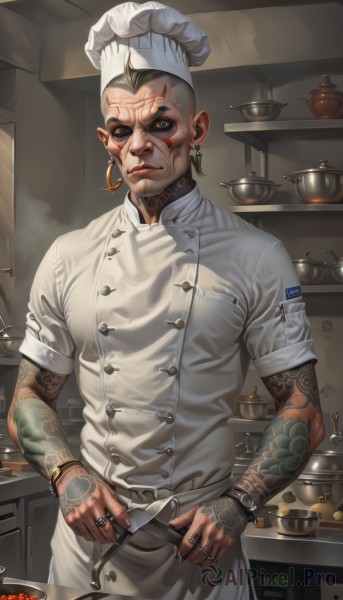 solo,looking at viewer,1boy,hat,holding,brown eyes,jewelry,standing,short sleeves,male focus,cowboy shot,earrings,indoors,bracelet,lips,tattoo,buttons,white headwear,ring,knife,watch,hoop earrings,realistic,nose,wristwatch,arm tattoo,facial tattoo,kitchen,chef hat,neck tattoo,chef,1girl,closed mouth,white hair,grey hair,nail polish,apron,facial mark,piercing,ear piercing,black nails,colored sclera,holding knife,bald,very short hair,undercut,cooking,ladle,mohawk,kitchen knife,wrinkled skin