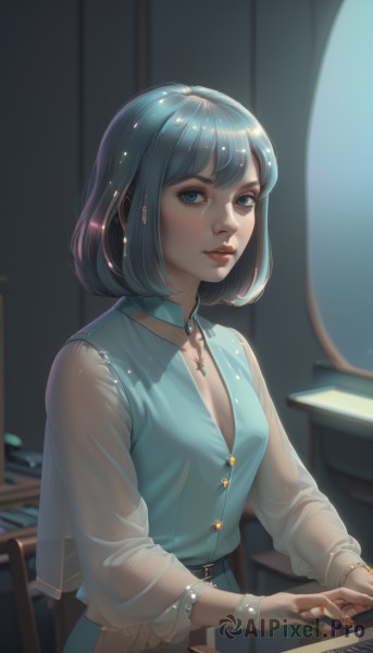 1girl,solo,breasts,looking at viewer,blush,short hair,bangs,blue eyes,shirt,long sleeves,cleavage,jewelry,blue hair,upper body,small breasts,parted lips,choker,shiny,collared shirt,belt,artist name,indoors,signature,medium hair,necklace,blurry,vest,bracelet,lips,see-through,eyelashes,makeup,blurry background,chair,bob cut,ring,blue shirt,lipstick,gem,instrument,pendant,freckles,nose,red lips,dress,medium breasts,sitting,closed mouth,collarbone,earrings,shiny hair,blue skirt,buttons,watermark,thick eyebrows,desk,backlighting,glint,realistic,music,classroom,playing instrument,see-through sleeves,mascara,piano