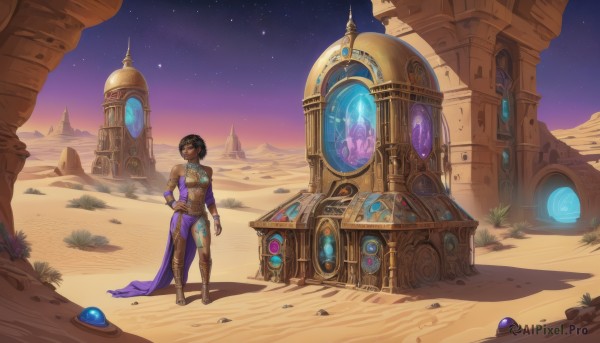 1girl,solo,breasts,short hair,black hair,jewelry,standing,earrings,boots,outdoors,sky,dark skin,armor,dark-skinned female,hand on hip,night,gem,star (sky),scenery,armlet,starry sky,walking,sand,desert,full body,bracelet,shadow,night sky,fantasy,wide shot