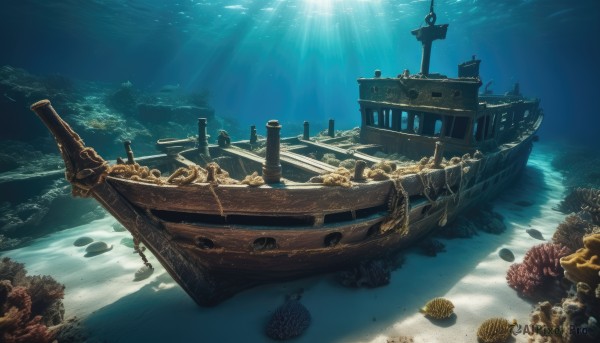 outdoors,water,tree,no humans,ocean,sunlight,scenery,fish,light rays,rock,underwater,sand,anchor,watercraft,sunbeam,shell,ship,boat,starfish,seashell,coral,sky,day,waves