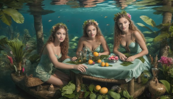 long hair,breasts,looking at viewer,smile,multiple girls,brown hair,hair ornament,dress,cleavage,bare shoulders,brown eyes,jewelry,medium breasts,sitting,collarbone,flower,small breasts,food,sleeveless,hair flower,3girls,water,tree,cup,lips,strapless,fruit,sleeveless dress,blue dress,leaf,wavy hair,chair,table,knife,plant,strapless dress,pink flower,plate,fish,bubble,green dress,underwater,realistic,basket,air bubble,head wreath,mushroom,grapes,lily pad,tablecloth,blue eyes,closed mouth,braid,outdoors,barefoot,artist name,makeup,animal,nature,partially submerged,curly hair,fantasy,red lips,watercraft,mermaid,boat,aqua dress