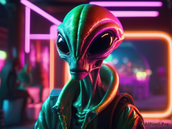 solo,looking at viewer,1boy,upper body,male focus,blurry,bodysuit,mask,blurry background,portrait,science fiction,realistic,alien,neon lights,1girl,jacket,teeth,depth of field,glowing,1other,cyberpunk