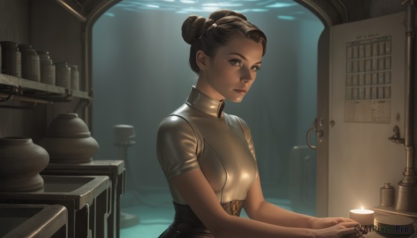 1girl,solo,breasts,short hair,brown hair,black hair,brown eyes,closed mouth,upper body,short sleeves,small breasts,indoors,dark skin,hair bun,dark-skinned female,lips,double bun,sunlight,single hair bun,candle,looking at viewer,hair ornament,table,realistic,nose,very dark skin