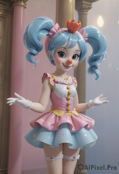 1girl,solo,long hair,breasts,looking at viewer,blush,smile,open mouth,bangs,blue eyes,skirt,hair ornament,gloves,dress,bow,twintails,jewelry,blue hair,standing,collarbone,heart,cowboy shot,hairband,small breasts,frills,teeth,sleeveless,shiny,white gloves,necklace,shiny hair,lips,blue skirt,bare arms,makeup,thigh strap,sleeveless dress,short dress,lipstick,pink dress,eyeshadow,personification,red lips,pillar,humanization,clown,thighhighs,aqua hair,drill hair