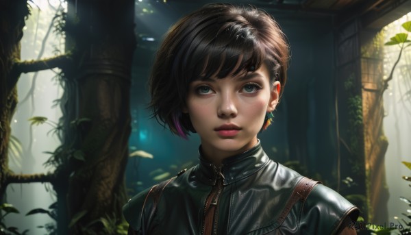 1girl,solo,looking at viewer,short hair,bangs,blue eyes,brown hair,black hair,jewelry,closed mouth,upper body,earrings,tree,lips,makeup,leaf,sunlight,plant,lipstick,portrait,nature,forest,zipper,freckles,realistic,nose,red lips,leather,green eyes,multicolored hair,outdoors,parted lips,eyelashes,light rays