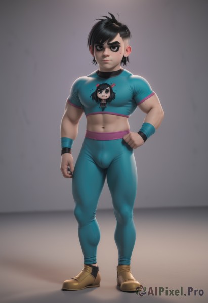 solo,looking at viewer,short hair,shirt,black hair,1boy,navel,standing,full body,male focus,thighs,shoes,midriff,pants,artist name,black eyes,lips,crop top,hand on hip,muscular,thick thighs,abs,muscular male,wristband,skin tight,bulge,realistic,nose,blue pants,tight,undercut,leggings,closed mouth,socks,mole,mole under eye,thick eyebrows,blue shirt,mole under mouth,tight pants,yoga pants,black leggings