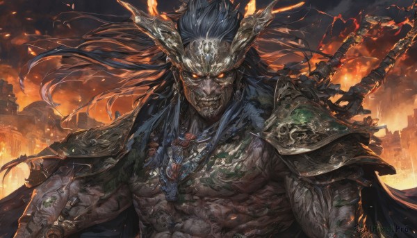 solo,long hair,looking at viewer,red eyes,1boy,jewelry,blue hair,upper body,weapon,male focus,outdoors,horns,teeth,sword,cape,armor,orange eyes,torn clothes,tattoo,muscular,glowing,fangs,scar,abs,fire,sharp teeth,muscular male,shoulder armor,glowing eyes,spikes,veins,pauldrons,fantasy,black cape,weapon on back,embers,necklace,mask,helmet,colored sclera,electricity,lightning