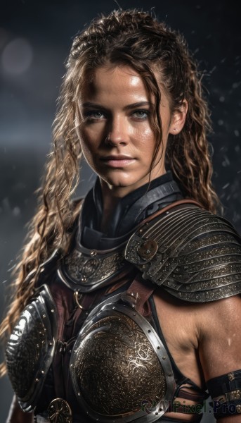 1girl,solo,long hair,looking at viewer,blonde hair,brown hair,brown eyes,jewelry,closed mouth,upper body,earrings,dark skin,armor,dark-skinned female,lips,shoulder armor,curly hair,pauldrons,breastplate,realistic,nose,stud earrings,wet,chainmail