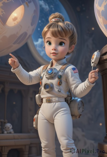 1girl,solo,short hair,brown hair,green eyes,standing,indoors,hair bun,blurry,lips,blurry background,single hair bun,pointing,child,index finger raised,science fiction,realistic,female child,space,planet,earth (planet),american flag,spacecraft,spacesuit,astronaut,looking at viewer,blonde hair,parted lips,bodysuit