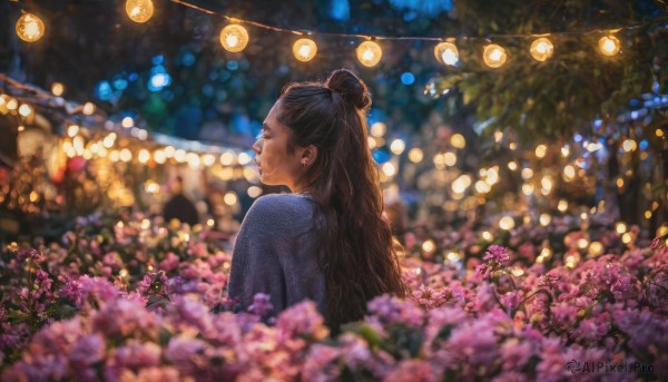 1girl, solo, long hair, black hair, jewelry, closed eyes, upper body, flower, outdoors, japanese clothes, kimono, hair bun, from behind, blurry, lips, night, depth of field, blurry background, single hair bun, lantern, realistic, paper lantern