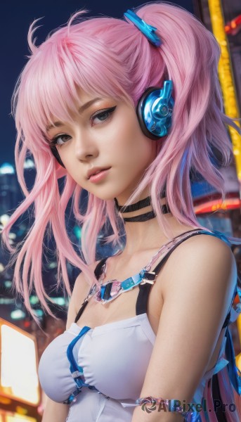 1girl,solo,long hair,breasts,looking at viewer,hair ornament,cleavage,bare shoulders,twintails,brown eyes,jewelry,medium breasts,collarbone,upper body,pink hair,parted lips,choker,necklace,blurry,black eyes,bracelet,lips,headphones,black choker,freckles,realistic,nose,small breasts,grey eyes,armlet