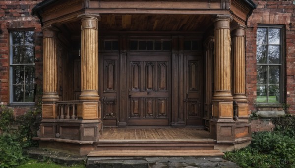 outdoors,day,indoors,tree,no humans,window,grass,plant,building,scenery,stairs,door,bush,architecture,brick wall,pillar,arch,column,nature,gate,brick