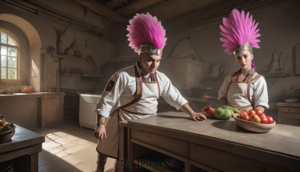 1girl,smile,short hair,shirt,long sleeves,1boy,hat,brown eyes,jewelry,closed mouth,standing,white shirt,pink hair,male focus,earrings,food,multiple boys,day,indoors,dark skin,2boys,apron,bracelet,window,fruit,table,dark-skinned male,apple,kitchen,chef hat,chef,brown apron,onion,long hair,looking at viewer,bangs,collarbone,braid,alternate costume,bag,facial mark,brown footwear,knife,grey shirt,bowl,vegetable,wooden table,cutting board