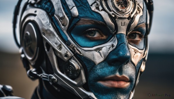 1girl,solo,looking at viewer,brown eyes,closed mouth,armor,blurry,lips,depth of field,blurry background,helmet,portrait,close-up,science fiction,realistic,nose,gears,spacesuit