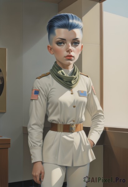 1girl,solo,looking at viewer,short hair,blue eyes,long sleeves,closed mouth,blue hair,standing,jacket,cowboy shot,belt,pants,indoors,scarf,uniform,lips,military,military uniform,makeup,white jacket,genderswap (mtf),hand in pocket,realistic,white pants,nose,red lips,brown belt,american flag,hand on hip