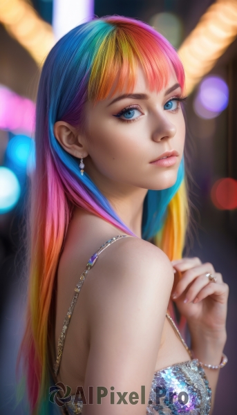 1girl,solo,long hair,breasts,looking at viewer,bangs,blue eyes,blonde hair,dress,bare shoulders,jewelry,blue hair,upper body,pink hair,multicolored hair,earrings,parted lips,hand up,orange hair,blurry,bracelet,from side,two-tone hair,lips,eyelashes,gradient hair,makeup,depth of field,blurry background,ring,gem,pink nails,pink lips,realistic,nose,mascara,rainbow hair,medium breasts,artist name,signature,necklace,nail polish,mole,streaked hair,fingernails,looking to the side,mole under eye,watermark,web address,eyeshadow,beads,bokeh