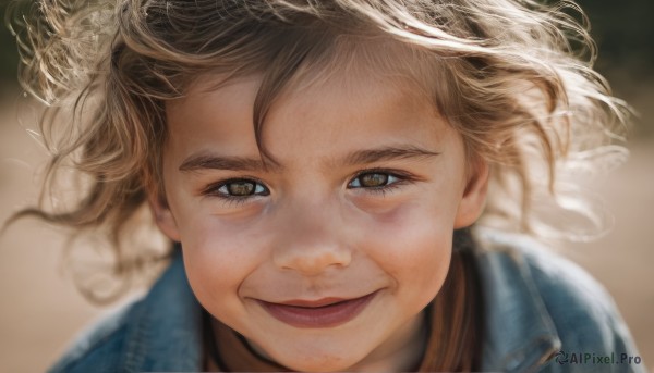 1girl,solo,looking at viewer,smile,short hair,open mouth,brown hair,brown eyes,jacket,blurry,lips,floating hair,depth of field,blurry background,wind,messy hair,portrait,close-up,realistic,old,old woman,denim jacket,blonde hair,closed mouth,eyelashes,wrinkled skin