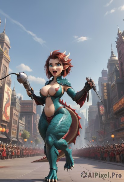 1girl,breasts,looking at viewer,blush,smile,short hair,open mouth,blue eyes,large breasts,brown hair,gloves,navel,holding,cleavage,medium breasts,standing,tail,full body,weapon,thighs,red hair,outdoors,horns,sky,teeth,solo focus,day,pointy ears,fang,artist name,cloud,fingerless gloves,armor,blue sky,lips,colored skin,chain,fangs,thick thighs,piercing,leg up,standing on one leg,cloudy sky,monster girl,polearm,shoulder armor,building,microphone,claws,spikes,wide hips,personification,walking,dragon horns,dragon girl,city,sign,center opening,dragon tail,flag,road,scales,giant,giantess,street,tower,crowd,banner,people,digitigrade,army,solo,jewelry,nipples,earrings,elbow gloves,holding weapon,bodysuit,makeup,genderswap (mtf),pauldrons,running,fantasy,vambraces,shoulder pads,castle