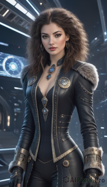 1girl,solo,long hair,breasts,looking at viewer,brown hair,gloves,cleavage,brown eyes,jewelry,medium breasts,standing,jacket,cowboy shot,earrings,open clothes,choker,black gloves,pants,fingerless gloves,necklace,mole,lips,coat,fur trim,bodysuit,makeup,black pants,lipstick,gem,pendant,hoop earrings,realistic,nose,arms at sides,red lips,artist name,bracelet,black jacket,science fiction,curly hair,black bodysuit